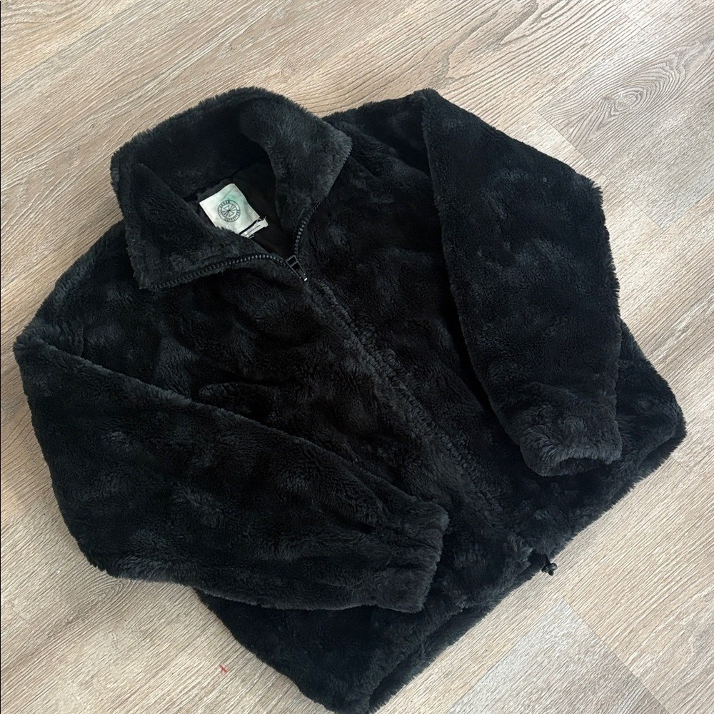 Urban Outfitters‎ Black Faux Fur Zip Up Jacket Sherpa Plush Coat Women's S